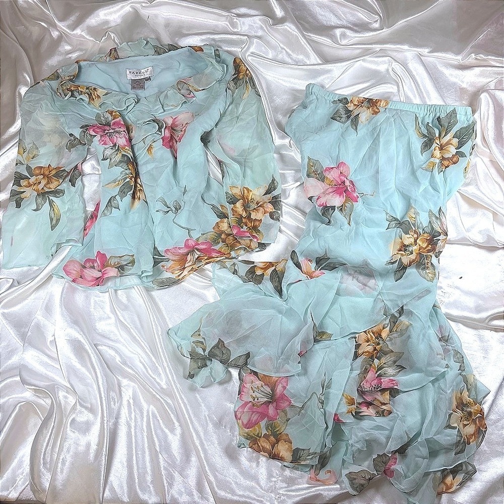 Vintage Papell Petites Silk Skirt Set Blue Floral Excellent Ruffle Y2K 10P